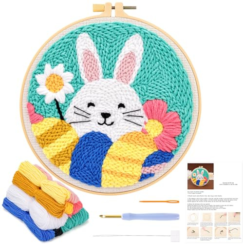 JSRQT Punch Needle Set Ostern, Punch Needle Set Anfänger, Ostern Stickerei mit Stanzer Embroidery Kit, Hase Ostereier für Debutant Anfänger Erwachsene, Broderie DIY Stanznadel mit Instruction