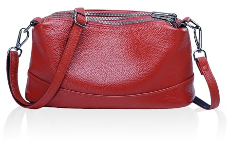 HUA ANGEL Petit Sac a Bandouliere Femme Cuir Véritable Sac Besace Vintage | avec 3 Compartiments Zippés et Poche Antivol, Sangle Réglable et Amovible, pour Quotidien, Travail, Université et Cadeau