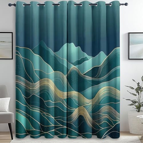 100% Verdunkelungsvorhänge mit schwarzem Futter Abstrakte Linien Berge H 200 x B 70 cm 2er Set blickdichte Vorhänge Schlafzimmer Esszimmer Dekogardine Vorhänge Cyan Gold