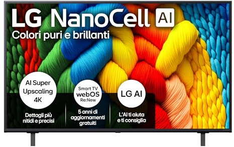 LG NanoCell AI 50 Pollici, Serie NANO80 2025 Smart TV 4K - 50NANO80A6B | Processore ?7 Gen8, WebOS con AI, Telecomando Puntatore AI, Filmmaker Mode, Gaming con VRR 4K@60Hz