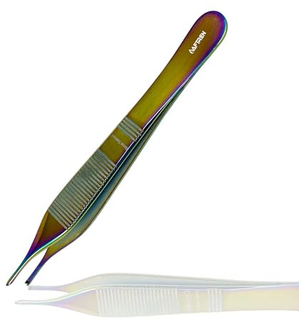 Adson T/C Kunststoff-Zange, feine Spitze, Wolframkarbid-Einsätze, Tierarztwerkzeug, 1 x 2 Zähne, Adson Stoffzange, 4,75 Zoll, mehrfarbig