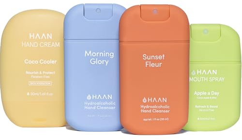 Pack HAAN Spray hidratante para manos con aloe vera, Crema de Manos Hidratante y Spray Bucal (pack de 4) – 1 unidad por fragancia: Sunset Fleur, Morning Glory, Coco Cooler y Apple a Day