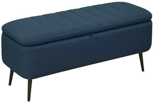 HOMCOM Stauraum-Ottoman Klappdeckel, Stahlbeine, Schlafzimmer, Dunkelblau | Bänkchen gepolstert rechteckig, Stoffhocker Leinenoptik, Wohnzimmer