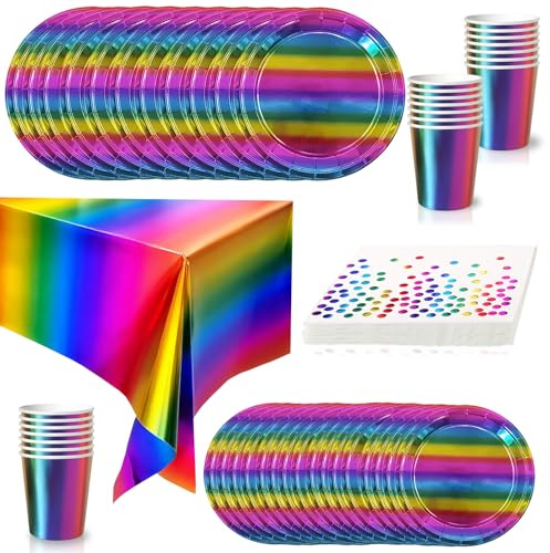 65 pièces Vaisselle Jetable Rainbow,Foil Comprend Assiettes Carton Jetable Tasses Serviettesr en Papier et Nappe,Kit Decoration Anniversaire Fêtes Pique-niques Mariage Noël,Biodégradables,Recyclable