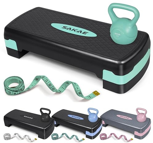 SAKAE Green Step Aerobics Platform Set with Kettlebell & Measuring Tape, Aerobic Steppers for Exercise at Home, Adjustable Height 2 Level Risers Workout Step Trainer with Non-Slip Surface