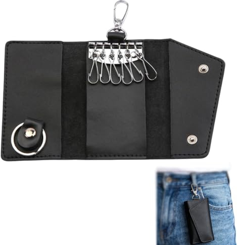 Black Genuine Leather Key Holder Wallet, 6 Hooks Key Case Organiser with Card Slot, 360° Rotatable Buckle Keychain Bag for Men Women, Business Leisure Style
