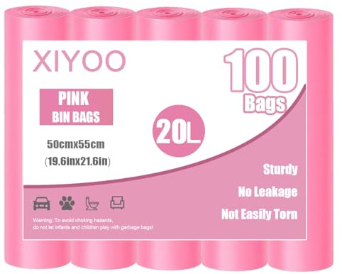 XIYOO 20L Small Bin Bags for Bathroom Waste Paper Bin Liners Pedal 100 Counts Heavy Duty Trash Bags Plastic Pink Rubbish Bags for Toilet