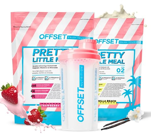 OFFSET Nutrition Abnehm Shake Strawberry & Vanille [nur 208 KCAL pro Shake] mit Shaker - 28 Portionen | Mahlzeitersatz | Diät mit 24 Vitaminen & Mineralien | Glutenfreie Trinkmahlzeit