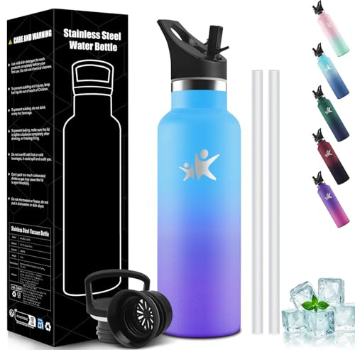 Mulbijeo Trinkflasche, 750ML BPA-Frei, Auslaufsichere Isolierflasche Doppelwandig, Wasserflasche Edelstahl, mit Strohhalm, 18/8 Edelstahl, Trinkflasche Kohlensäure Geeignet