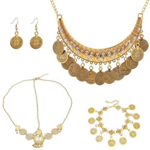 Qnvyw 4-Teiliges Set: Indischer Schmuck Für Damen | Halskette, Stirnband, Armband und Ohrringe für Wahrsagerin Kostüm, Bauchtanz und Mottopartys.