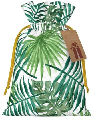 Transparente Weihnachtsbeutel mit Palmblatt-Muster, bedruckt mit gelbem Weihnachtsband, wiederverwendbare Geschenkbeutel aus Jute, Größe M