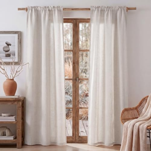 PONY DANCE Französischer Türvorhang Leinen Gardinen Elfenbeinweiß | Halbtransparent, H 240 x B 60 cm, 2er Set, Türgardine für Balkon, Sichtschutz, Küchengardine, Lichtfilternd, Dekoration