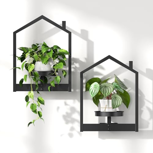 HOOBRO Soporte para Plantas de Pared, Estantería para Plantas, Macetero de Pared, Estilo Rústico, Metálico, Bandeja Extraíble, Apto para Interiores y Exteriores Protegidos, Negro EBK08HJP201