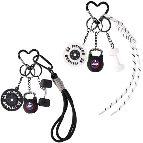 2pcs Set Porte-Clés de Gym, Charme Cordon avec Haltère Kettlebell & Disque Barre Mignons Accessoires Sport pour Femmes Hommes Cadeau de Motivation (Blanc/Noir)