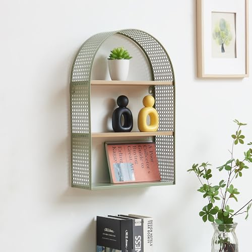 [en.casa] Wandregal Jäller Hängeregal mit 3 Ablagen Schweberegal offen Wohnzimmer Schlafzimmer Wandboard in Rattanoptik 53 x 35 x 14 cm Metall Grün