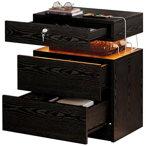 IRONCK Nachttisch Nachtschrank mit versteckter Schublade, Schwarz | Nightstand mit 3 Schubladen, USB+Typ-C Anschlussen, LED-Beleuchtung, Modern Beistelltisch für Schlafzimmer, Wohnzimmer