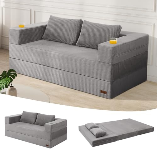 MeMoreCool Cord Schlafsofa, Klappbares Bodensofa 2-Sitzer, Hellgrau | Faltbares Futon Sofa mit Kissen und Schlaffunktion, Ideal für Wohnzimmer, Schlafzimmer und Kleine Räume
