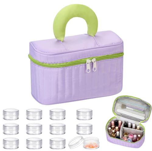 INTERWARM 1Pcs Nail Polish Organizer Case, Polyester Makeup Bag with Handle Travel Carrying Case with 12Pcs 5ml/0.17oz Plastic Cream Jar for Nail Polish Manicure Kit, Lilac