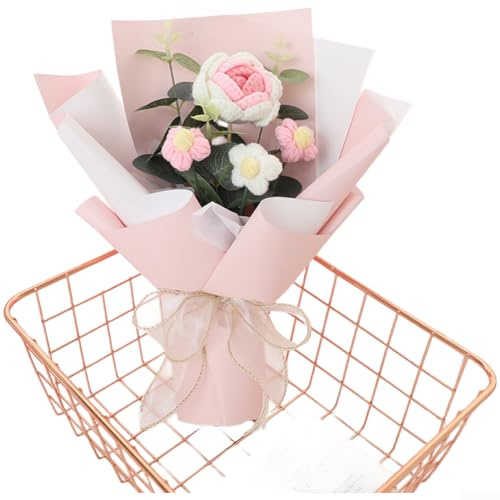 Handstickad rosbukett, koreansk stil konstgjort blomsterarrangemang för heminredning, evig present för födelsedag alla hjärtans årsdag bröllop, blå rosa lila orange (rosa)