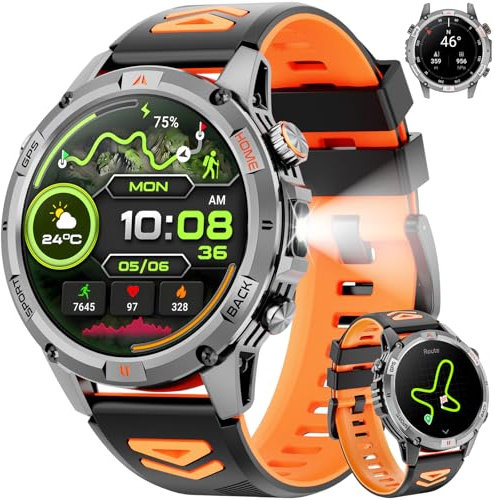 Joautrial Reloj Inteligente Hombre Militar, 1,46 HD Smartwatch GPS con Linterna Led, Brújula, 100+ Modos Deportivos Smart Watch, Monitoreo de Salud 24/7, Llamadas Bluetooth