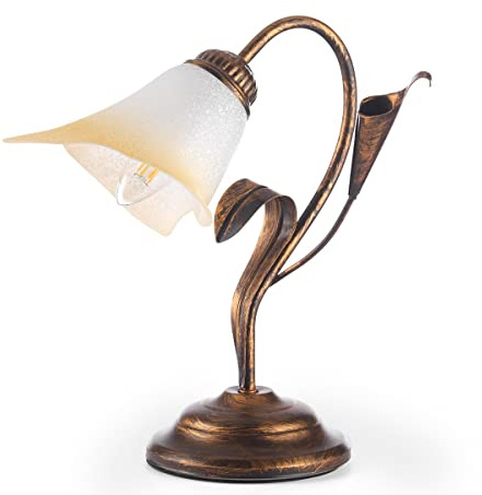 ONLI - Lampada da tavolo in metallo marrone spennellato oro con vetro bianco sfumato ambra