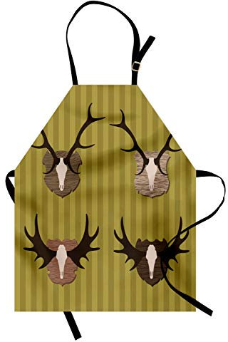 ABAKUHAUS Jagd Kochschürze, Hirsch und Elch Hörner Trophäe auf gestreiften Hintergrund Mountain Cottage Print, Farbfest Höhenverstellbar Waschbar Klarer Digitaldruck, Mehrfarbig Khaki