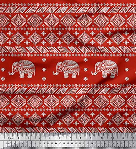 Soimoi Rot Baumwoll-Voile Stoff Aztec & Stammes-Elefant Tier Stoff drucken Meter 42 Zoll breit