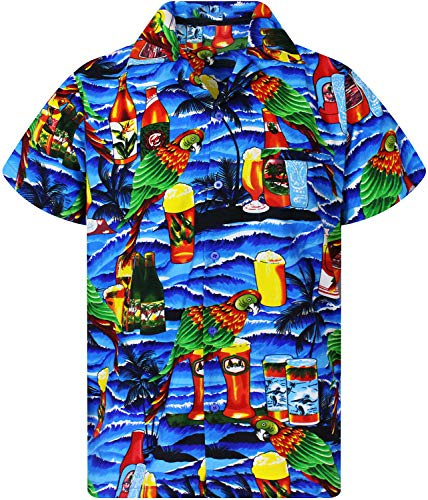 King Kameha Hawaii-skjorta herr funky casual krage bröstficka unisex kortärmad papegoja ölflaskor, Papegoja ölflaskor turkos, S