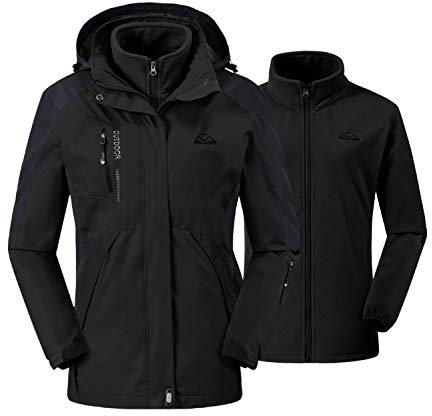 donhobo Damen Outdoor 3-in-1 Skijacke, Zweiteilige Winterjacke mit Fleecejacke, Winddicht Wasserdicht Freizeitjacke Warm Mantel Jacke mit Kapuze Schwarz XS