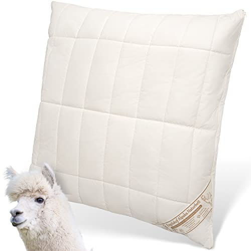 Engelshof Alpaka Kopfkissen 80x80cm mit Schurwollkügelchen gefüllt - Alpakakissen versteppt mit 100% Alpakawolle - Bezug aus naturbelassener Baumwolle