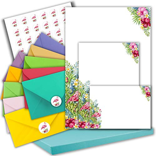 Briefpapier Set, 164 tlg. mit Motiv Flamingo - mit Einzelkarten, Briefpapier und passenden Briefumschlägen in versch. Farben inkl. runde Motiv-Etiketten und hochwertiger Box