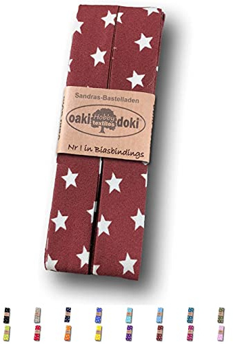 Sandras-Bastelladen Schrägband/Einfassband Baumwolle gefalzt 3m x 20mm - Sternen Muster 2014-Dunkelrot-Weiß