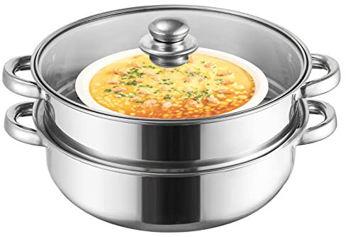 ZENFUN Olla de vapor con tapa de 2 niveles, olla multiusos de acero inoxidable, ollas de vapor con asa para verduras, albóndigas, alimentos, 11 pulgadas (gruesa)