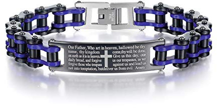 LAFATINA Mens Masculine Large Heavy Motorcycle Bicycle Link Chain with English Bible Verse Cross ID Bangle Lords Prayer Bike Chain Bracelet Wristband