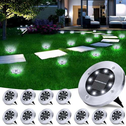 BrizLabs 12 Piezas Luz de Suelo Solar, 8 LED Luces Solares Exterior Lámpara de Jardin Impermeable Blanco Frío Luces de Tierra Iluminación para Paisaje Calzada Camino Césped Escalón Patio