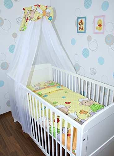 Primawela Baby Bettset Bettwäsche mit Himmel Chiffon - Schaf Gelb- Bettausstattung Set (7 teilig)