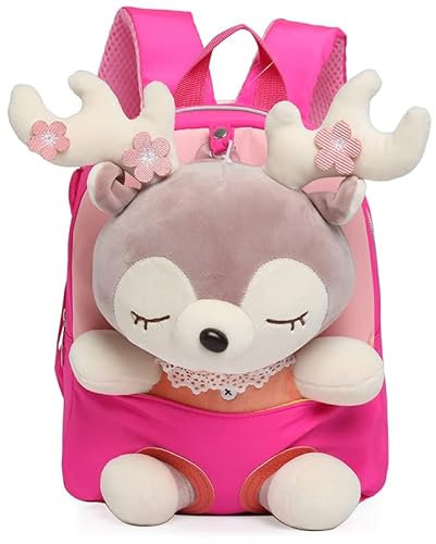 Kleiner Kinderrucksack mit Brustgurt Kindergartenrucksack Jungen Vorschulrucksack Schulrucksack,Hirsch Kindergarten Rucksack Kindertasche für 2-5 Jährige Kindergarten Junge und Mädchen (RosaRot)