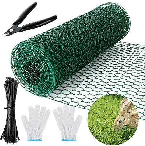 GOYADA 0.4m x 5m Chicken Wire Mesh Roll, Anti-rust Galvanised Wire Mesh Roll, 25mm Hole Size Chicken Wire Mesh Fence with Gloves, Pliers and Zip Ties for Chicken, Rabbit, Dog, Cat, Rats, Fox, Badger