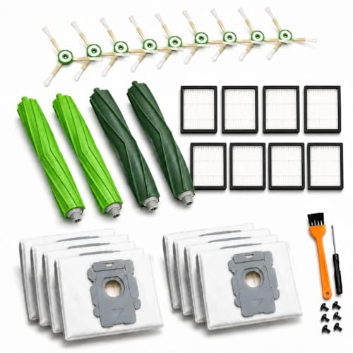 26 Ersatzteile für iRobot Roomba i7 i7+ i3 i3+ i4 i4+ i6 i6+ i8 i8+ j7 j7+/Plus E5 E6 E7 Roboter-Staubsaugerzubehör, 2 Gummiwalzenbürsten für verschiedene Oberflächen, 8 Filter, 8 Seitenbürsten, 8