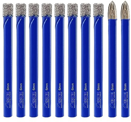 SHDIATOOL Diamond Drill Bits 6mmx8,with Carbide Tip Drill 6mmx2,Core Bits with Round Shank Hole Saw Cutter for Porcelain Tile Marble Ceramic Granite,Dry Wetting Drilling, 10pcs Total