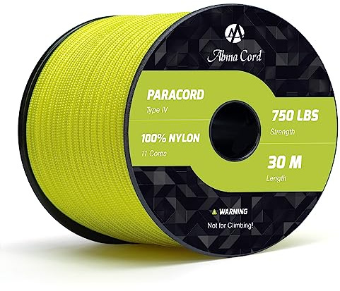 Abma Cord Paracord 750lb 4mm 30M 100% Nylon Seil 11 Kern Typ IV Schnur für Basteln, Camping, Survival, Outdoor - Max. 340kg - Neon Gelb