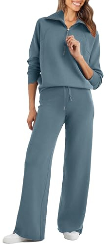 Glamaker Set di 2 tute da donna oversize mezza cerniera, felpa con gamba larga, set lounge tuta da allenamento, grigio, blu, XL, Grigio/Blu, XL