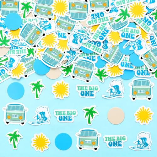 JOYMEMO 200 pièces Surf 1st Birthday Confetti for Boy Girl - Blue Green The Big One Surf Birthday Decorations