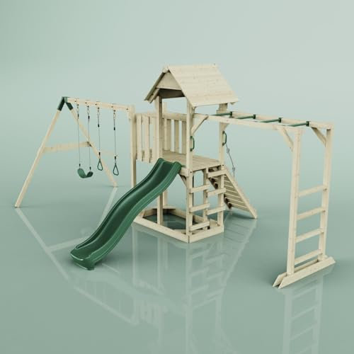 Rebo Klettergerüst aus Holz mit Wellenrutsche | Outdoor Spielturm mit Kinderschaukel, Babyschaukel, Hangelstangen, Plattform und Kletterseil