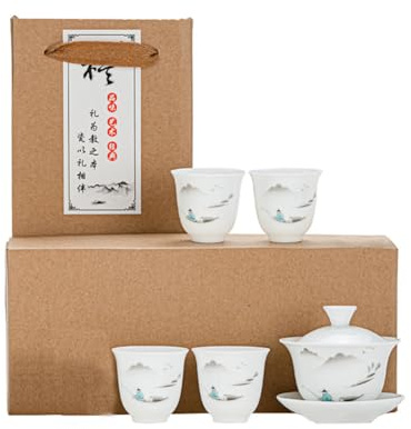 Liang baobao Gaiwán con 4 tazas de porcelana blanca china juego de té Gongfu (paisaje)