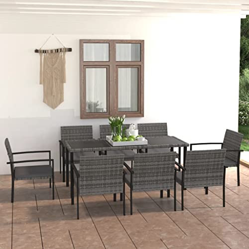 FENLAX 9-TLG. Garten-Essgruppe Poly Rattan Grau Sitzlounge für Draußen Balkonmöbel Bequem Dining Lounge Rattanmöbel Gartenmöbel Set Terassenmöbelset Sitzgruppe Outdoor Möbel （Tisch:180x70x73 cm）