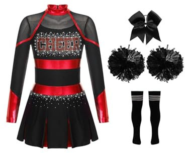 HULIJA Kinder Mädchen Cheer Leader Kleid Langarm Cheerleading Uniform mit Pompoms + Socken + Kopfschmuck Cheer Outfits Set Karneval Cosplay A Rot schwarz 170-176