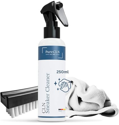PureCLN Sneaker Cleaner Set mit 250ml Sneaker Reiniger, Bürste und Tuch – Schuhreiniger für weiße Schuhe mit Tiefenreiniger-Formel – das Schuhputzset reinigt Leder, Gummi, Mesh und Stoff