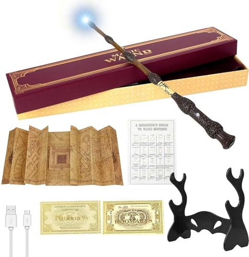 CJBIN Elderstab, Dumbledore Zauberstab mit Licht, USB Aufladung Elderstab, Zauberstab Dumbledore in Geschenkbox mit Karte, Stationsticket, Landkarte, und Halter