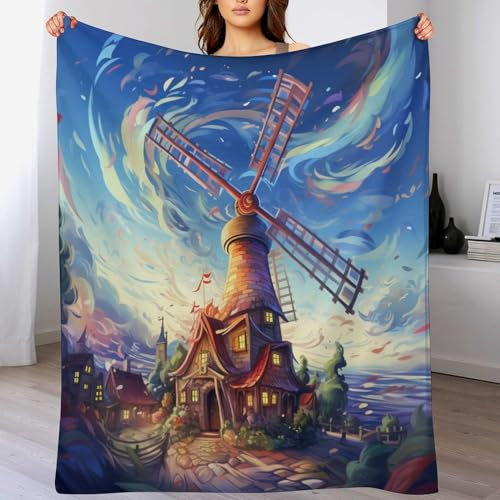 PAZZK Kuscheldecke Bunte Windmühle Decke Tagesdecke - Weiche Flannel Decke Mit Muster Sofadecke - Baumwolldecke Wohndecke Sofaüberwurf Bettüberwurf（130×150cm）